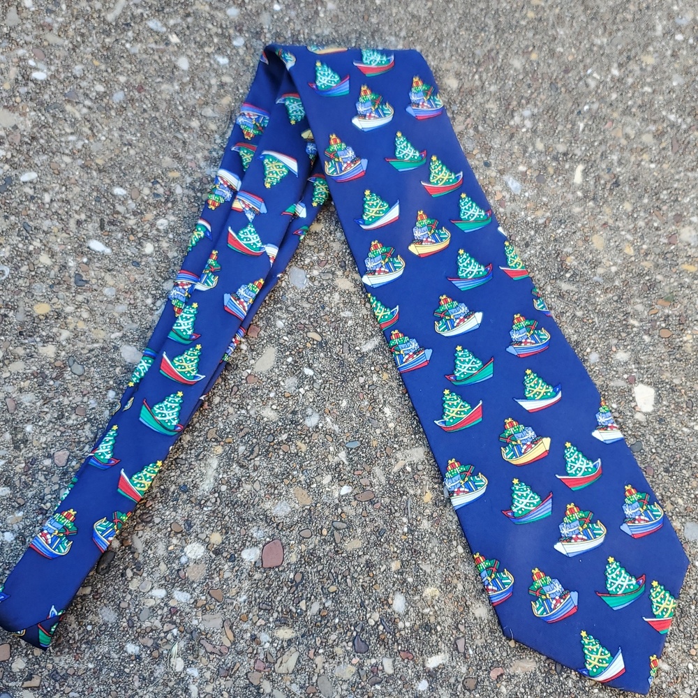 Xmas Dory Alynn Neckwear Eric Holich Christmas Holiday Boat Print Silk Neck Tie